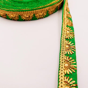 Embroidered Green Silk Trim With Gold Embroidery, Lace Trim By 2 Yard, Decorative Trimming